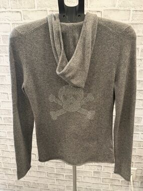 Aqua Cashmere Gray Hooded Sweater with Rhinestone Skull
